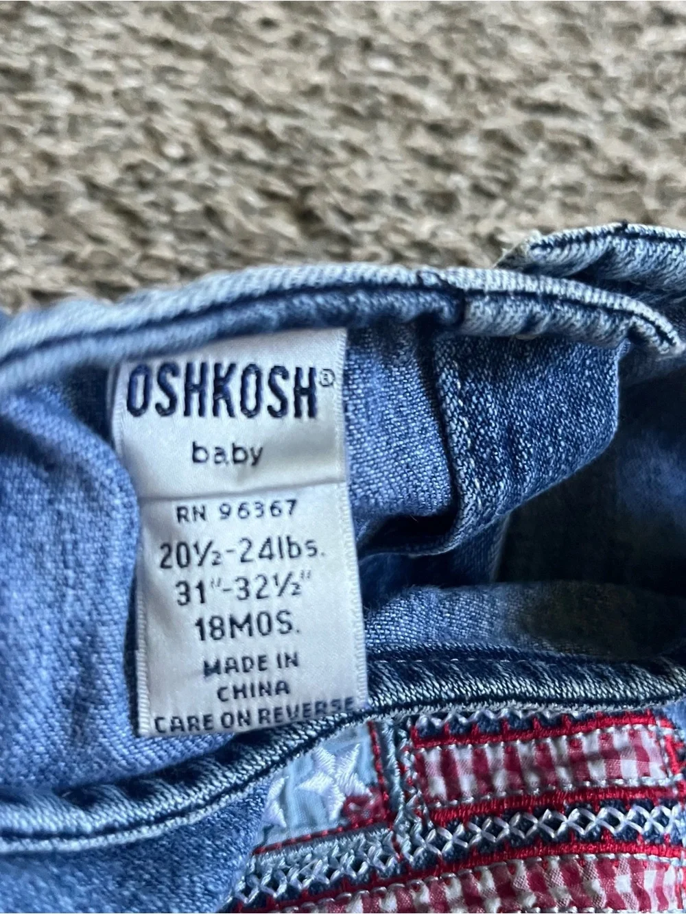 Vintage OshKosh B'Gosh Girls Denim Embroidered USA Flag Dress 4th of July 18 Mos